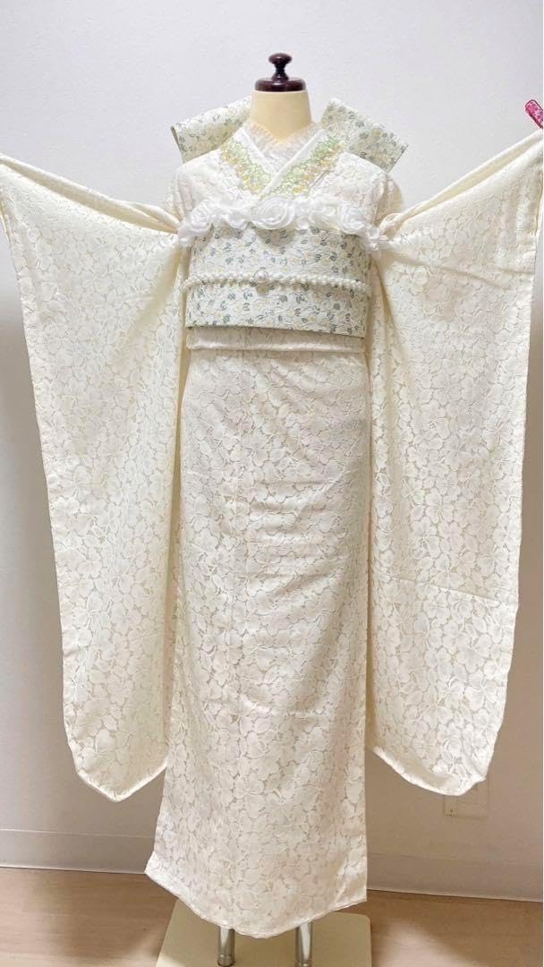 白いレース振袖・帯セット6点セット成人式 牡丹振袖白 for weddings